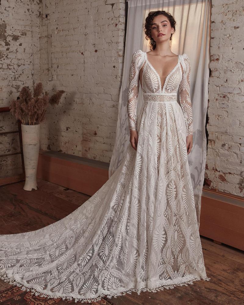 Lp2120 spaghetti strap or long sleeve boho wedding dress with backless a line silhouette1